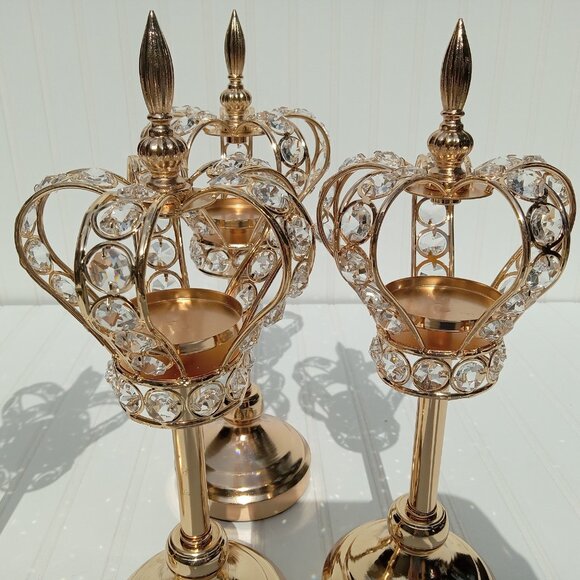 Golden Crown Candlesticks Crystal Candle Holders Tealights SET OF 4 Princess - Picture 7 of 16